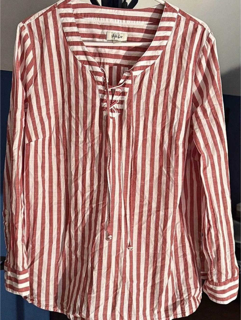 Style & Co Women’s Large Red White Striped Lace Up Blouse Cotton Top